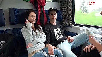Kinky girls and guys are having a foursome in the train and ...